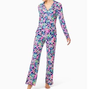 Lilly Pulitzer Navy Blue Pink Green Floral Long-Sleeve Pajama Jumpsuit